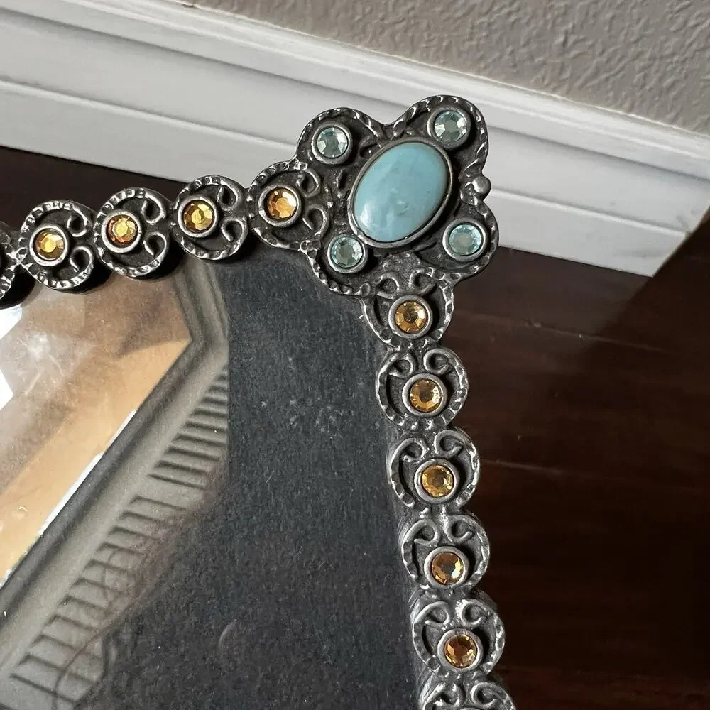 Axco Silver Tone Ornate Turquoise Rhinestones Photo Frames Western